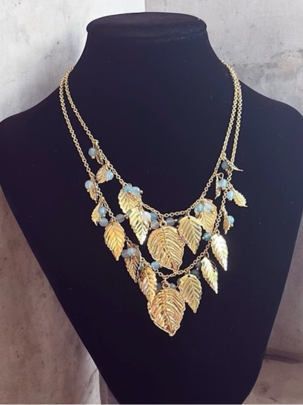 Vintage Avon Layered Gold Tone Leaf Necklace with Teal Bead Accents NIB Y2K Bib